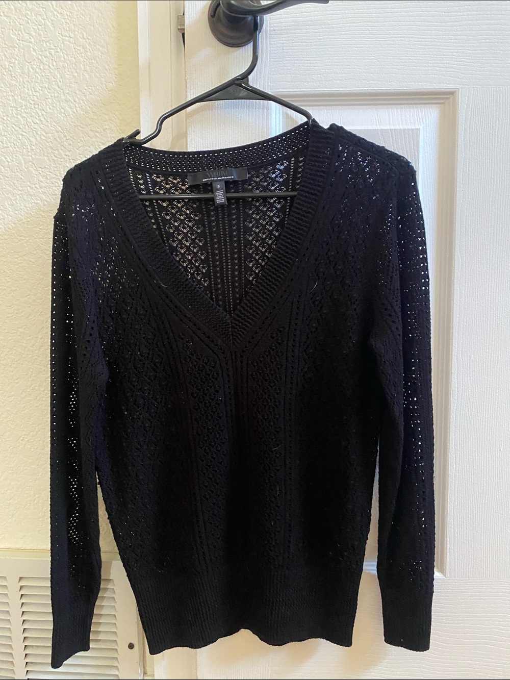 White House Black Market Black Open-Knit V-Neck Sweater